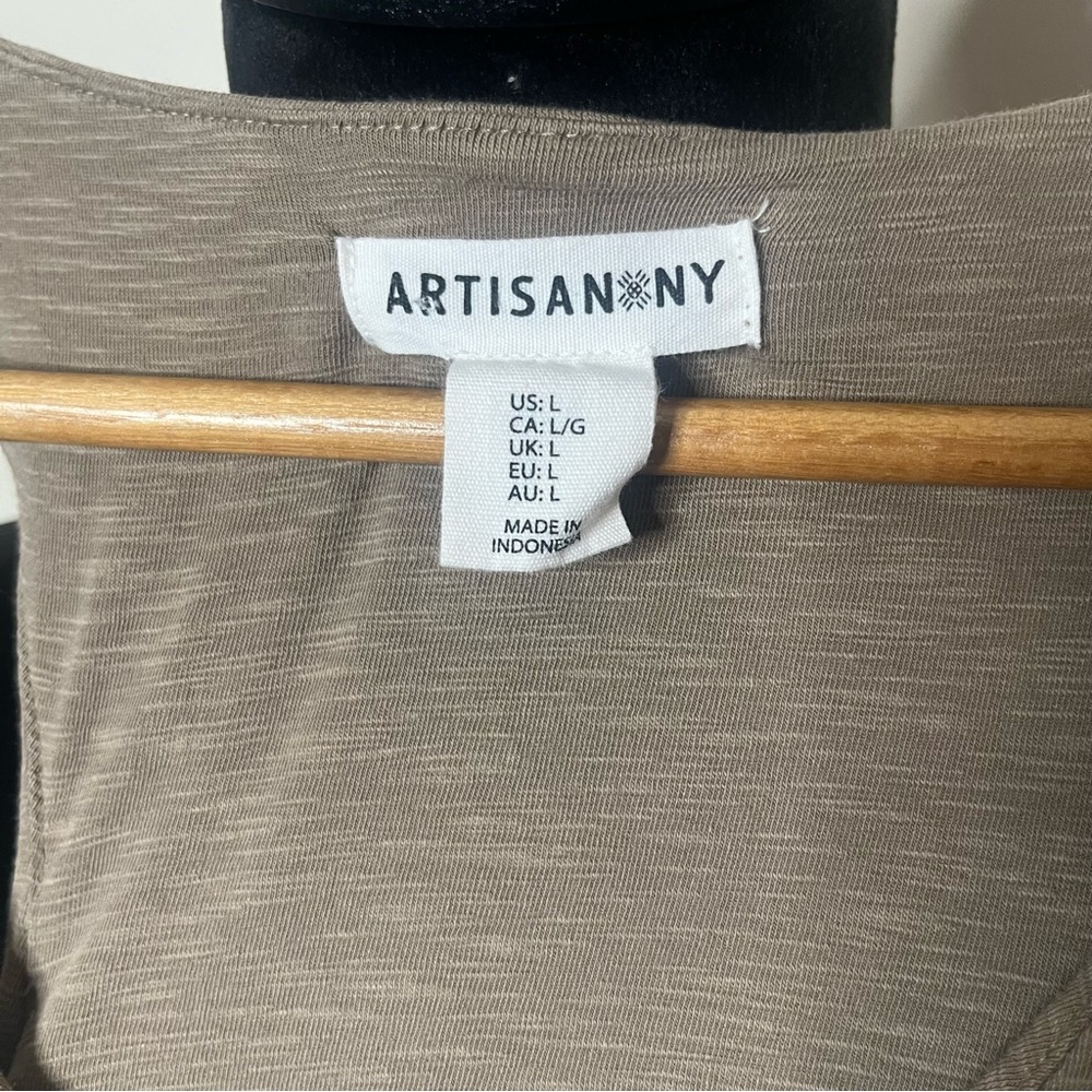 Artisan NY Women’s Khaki Tan V~Neck Sleeveless Split Jersey Knit Maxi Dress Sz L - Picture 4 of 6